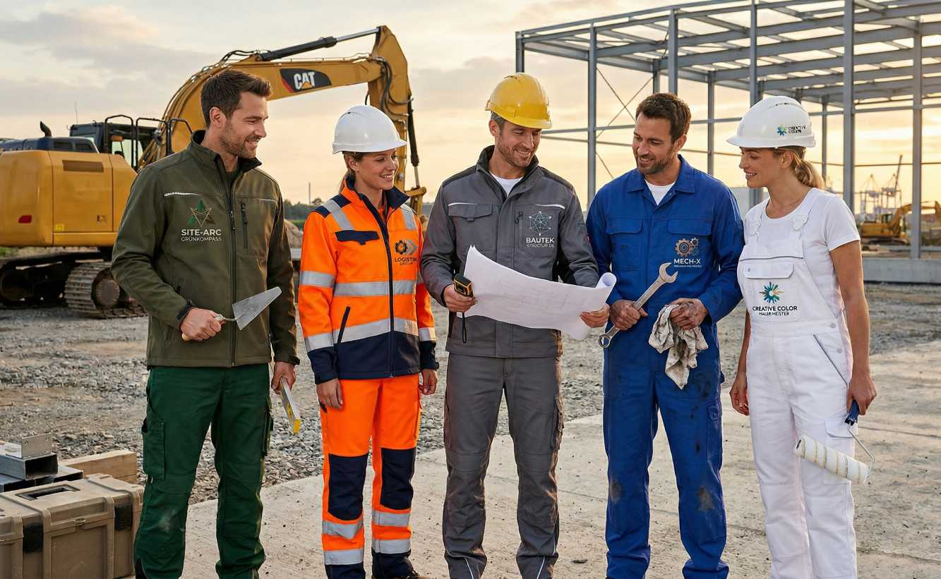 Mitarbeiter in veredelter Arbeitskleidung für Handwerk, Bau und Logistik auf einer Baustelle.