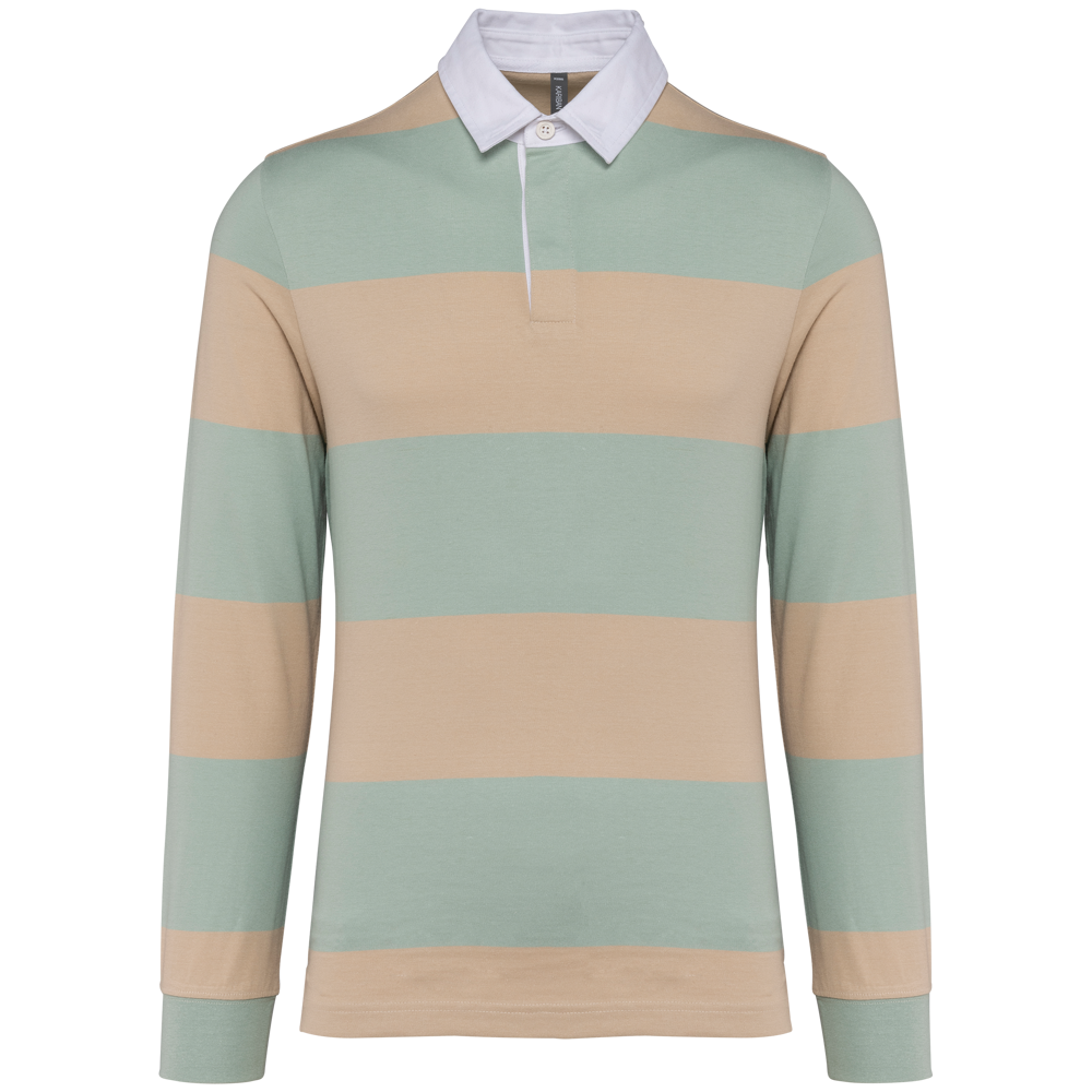 K285 - Gestreiftes Polohemd mit langen Ärmeln, Unisex - Sage / Light Sand Stripes