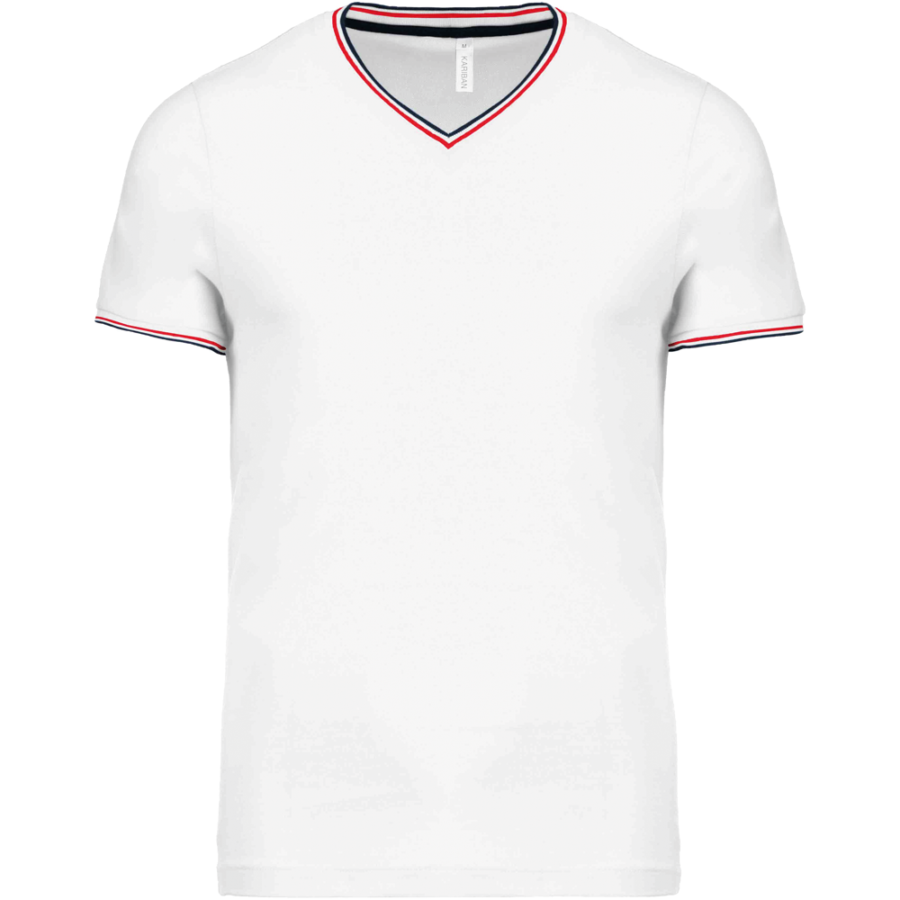 K374 - Herren T-Shirt aus Piqué-Trikot mit V-Ausschnitt - White / Navy / Red