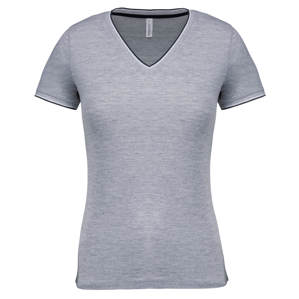 K394 - Damen T-Shirt aus Piqué-Trikot mit V-Ausschnitt - Oxford Grey / Navy / White