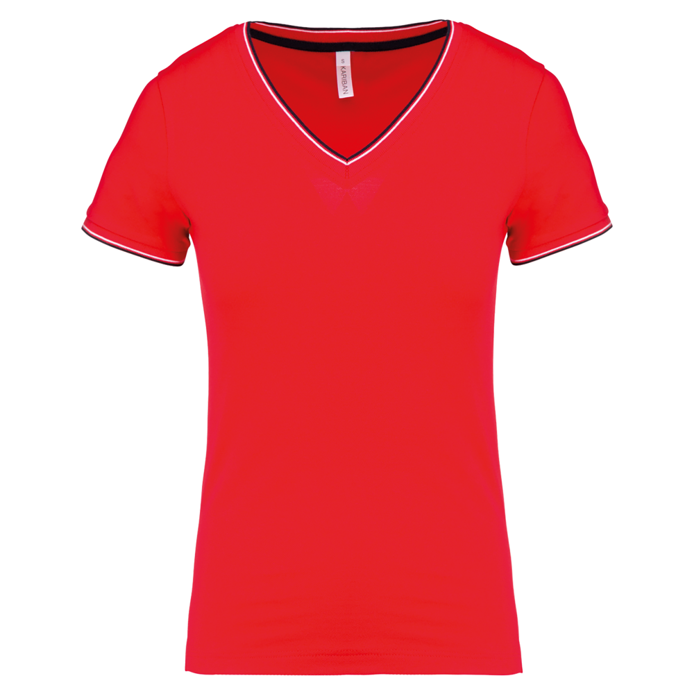 K394 - Damen T-Shirt aus Piqué-Trikot mit V-Ausschnitt - Red / Navy / White