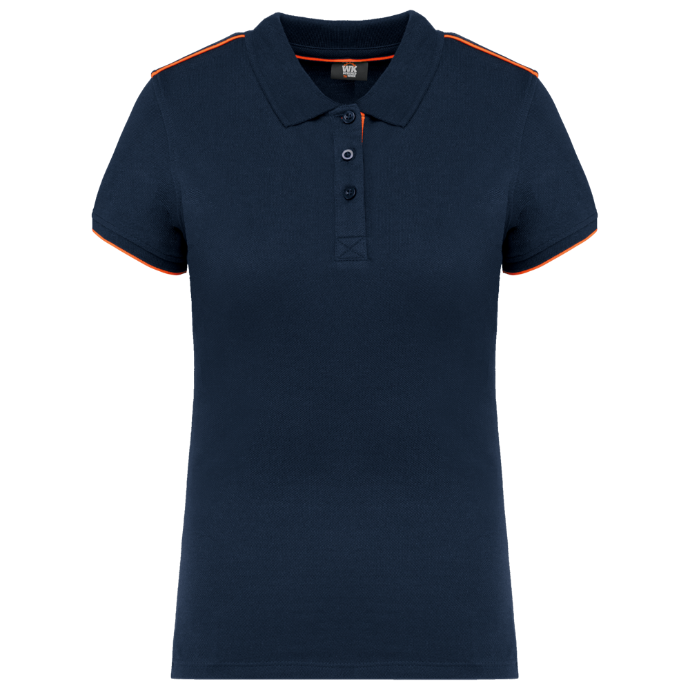 WK271 - Damen-Polohemd Day To Day mit kontrastfarbenen, kurzen Ärmeln - Navy / Fluorescent Orange