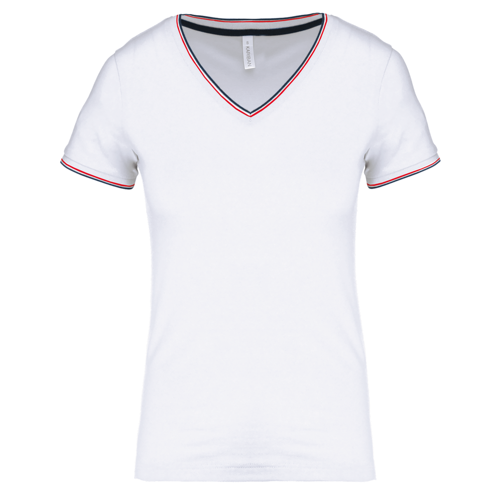 K394 - Damen T-Shirt aus Piqué-Trikot mit V-Ausschnitt - White / Navy / Red