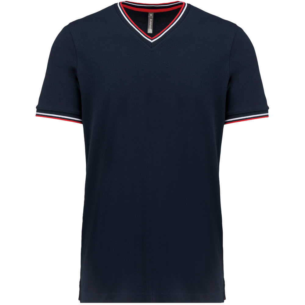 K374 - Herren T-Shirt aus Piqué-Trikot mit V-Ausschnitt - Navy / Red / White