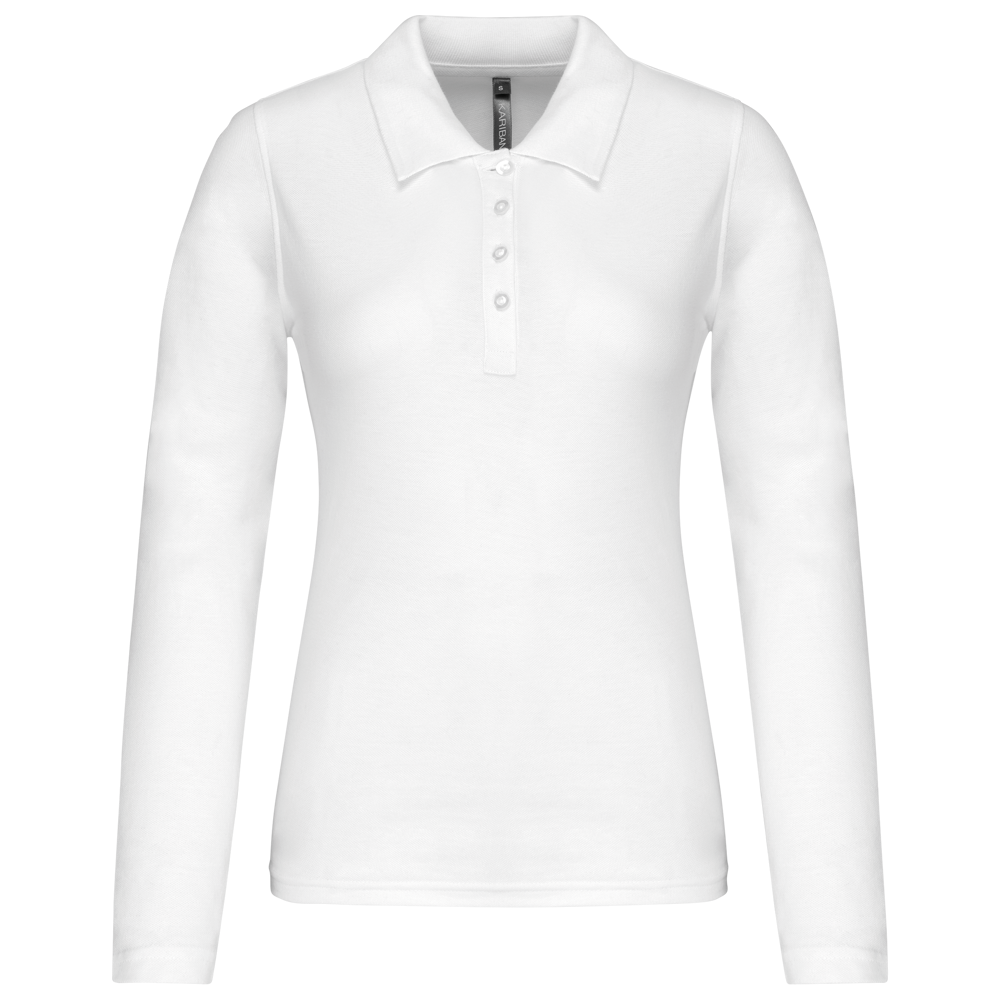 - Damen Langarm-Polohemd. Baumwollpiqué - White
