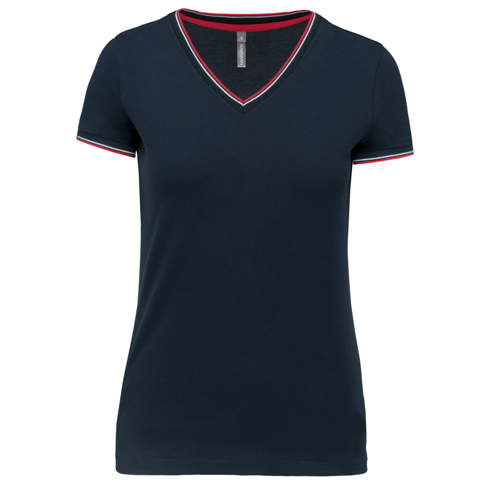 K394 - Damen T-Shirt aus Piqué-Trikot mit V-Ausschnitt - Navy / Red / White