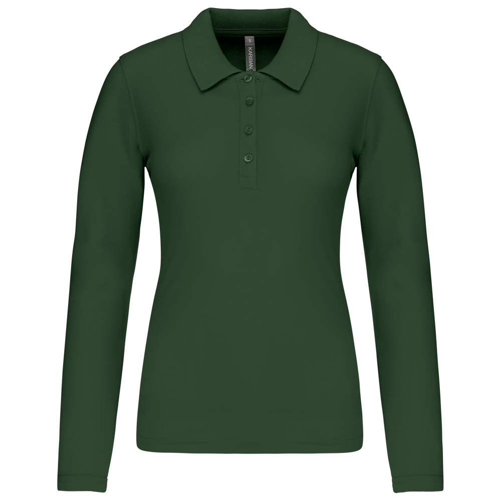 - Damen Langarm-Polohemd. Baumwollpiqué - Forest Green